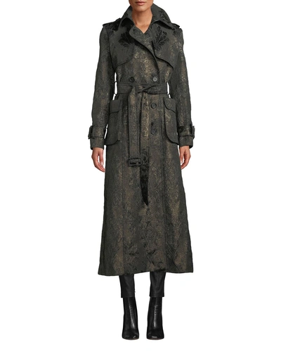 J Mendel Double-breasted Belted Metallic Brocade Trench Coat In Black