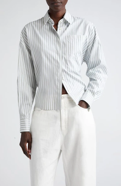 Brunello Cucinelli Striepmonili Trim Cotton & Silk Poplin Button-up Shirt In White/ Green