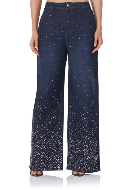 Afrm Ronny Rhinestone Wide Leg Jeans In Deep Ocean Wash