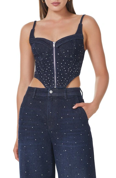Afrm Iris Rhinestone Crop Top In Deep Ocean Wash