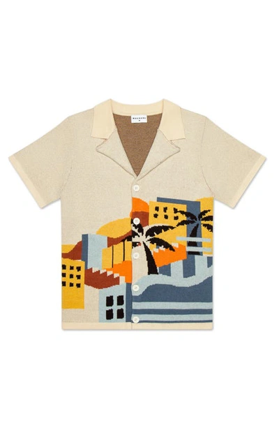 Mavrans Havana Sunset Knit Button Up Camp Shirt In Tan Multi