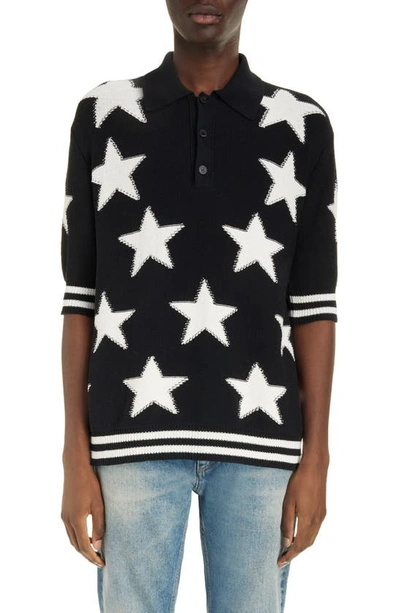 Balmain Star Jacquard Polo Sweater In Black