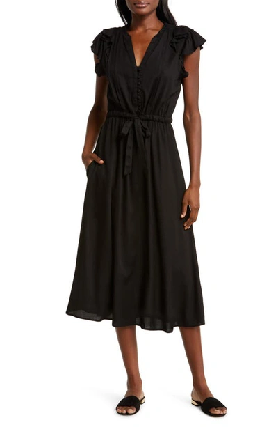 Elan Tiered Ruffle Cap Sleeve Midi Cover-up Dress In Black