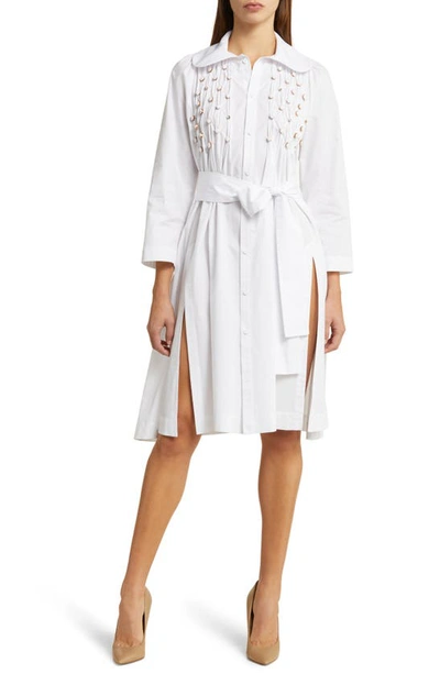 Saint Sintra Empire Drindl Swarovski® Crystal Embellished Cotton Shirtdress In 100 White