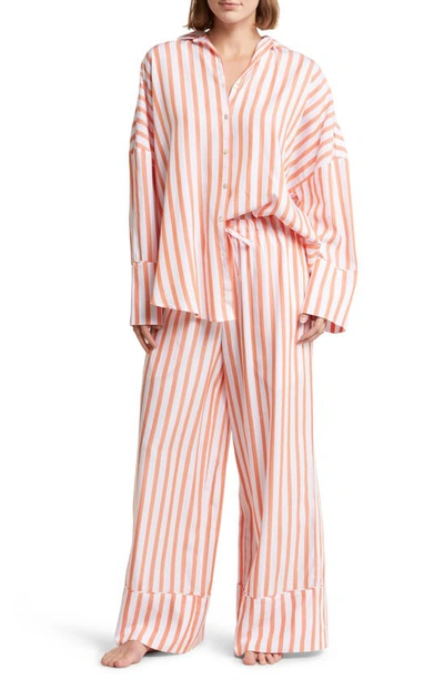 Papinelle Amelie Stripe Wide Leg Pajamas In White / Sunset Orange Stripe