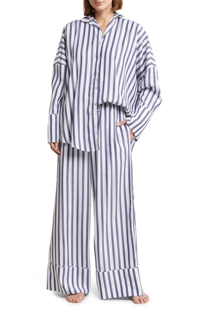 Papinelle Amelie Stripe Wide Leg Pajamas In White / Navy Stripe