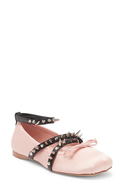 Jeffrey Campbell Choreo Ankle Strap Ballet Flat In Pink Satin Black Silver