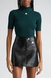 Courrèges Embroidered Logo Mock Neck Rib Sweater In Vert Fonce