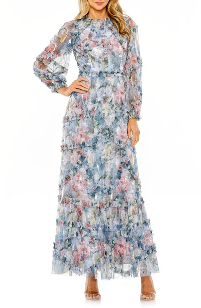 Mac Duggal Floral Long Sleeve Mesh Gown In Platinum Multi