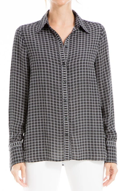 Max Studio Printed Long Sleeve Button-up Shirt In Black/ Crewam Ring Arrow Geo