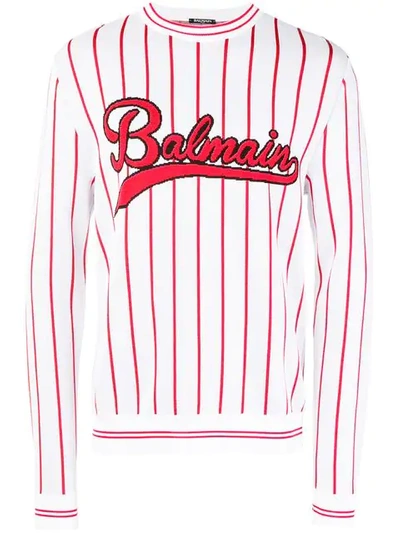 Balmain Logo-embroidered Striped Knitted Jumper In White
