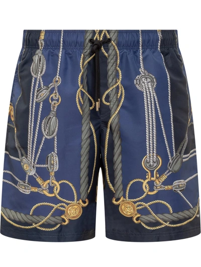 Versace Nautical-print Swim Shorts In Blue+gold