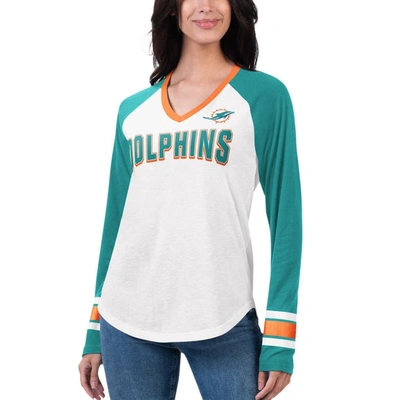 G-iii 4her By Carl Banks White/aqua Miami Dolphins Top Team Raglan V-neck Long Sleeve T-shirt