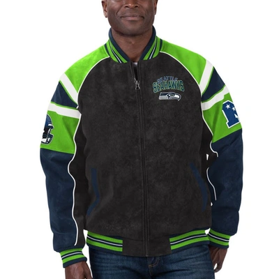 G-iii Sports By Carl Banks Black Seattle Seahawks Faux Suede Raglan Full-zip Varsity Jacket