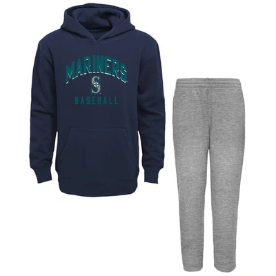 Outerstuff Babies' Toddler Boys And Girls Navy, Gray Seattle Mariners Play-by-play Pullover Fleece Hoodie And Pants Set In Navy,heather Gray
