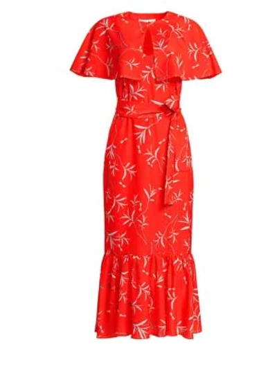 Borgo De Nor Margarita Printed Midi Dress With Capelet In Firefly Red