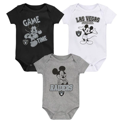 Outerstuff Baby Boys And Girls Black, White, Gray Las Vegas Raiders Three-piece Disney Game Time Bodysuit Set In Black,white,gray