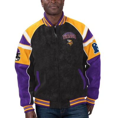 G-iii Sports By Carl Banks Black Minnesota Vikings Faux Suede Raglan Full-zip Varsity Jacket
