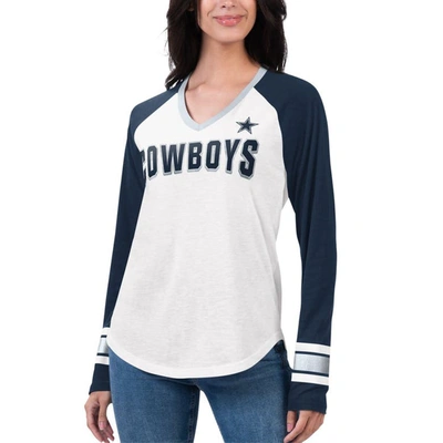 G-iii 4her By Carl Banks White/navy Dallas Cowboys Top Team Raglan V-neck Long Sleeve T-shirt