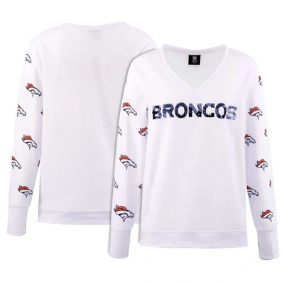 Cuce White Denver Broncos Sequin Fleece V-neck T-shirt
