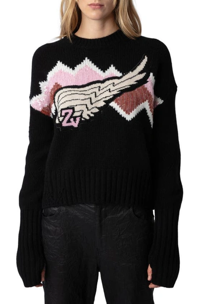 Zadig & Voltaire Bleez Sequin Wing Graphic Cashmere & Merino Wool Sweater In Noir