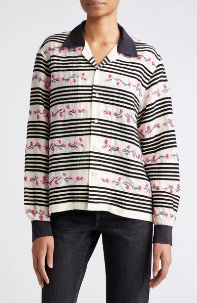 Bode Cherry Blossom Beaded Stripe Cotton & Silk Camp Shirt In Cream White