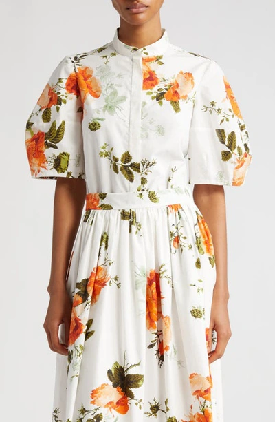 Erdem Volume Floral Print Puff Sleeve Button-up Shirt In Patterned White