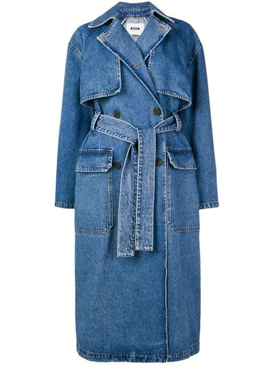 Msgm Double Breasted Denim Trench Coat In Mid Denim