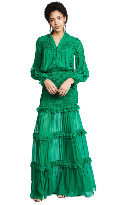 Alexis Sinclair Smocked Ruffle Button-front Dress In Green