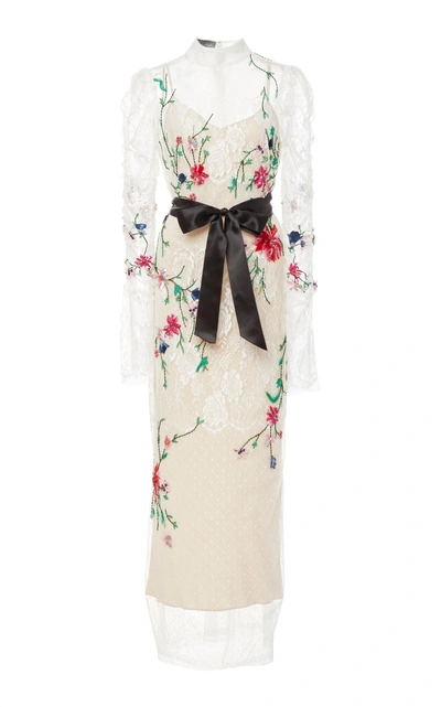 Monique Lhuillier Floral-embroidered Silk Lace Midi Dress In White