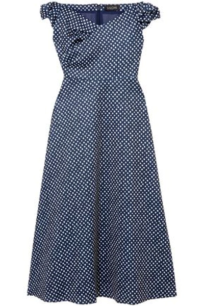 Saloni Woman Off-the-shoulder Polka-dot Neoprene Midi Dress Navy