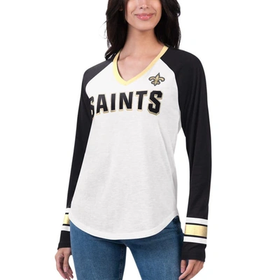 G-iii 4her By Carl Banks White/black New Orleans Saints Top Team Raglan V-neck Long Sleeve T-shirt