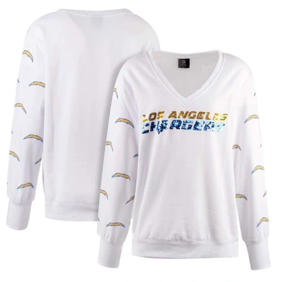 Cuce White Los Angeles Chargers Sequin Fleece V-neck T-shirt