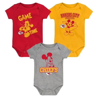Outerstuff Babies' Newborn & Infant Red/gold/gray Kansas City Chiefs Three-piece Disney Game Time Bodysuit Set