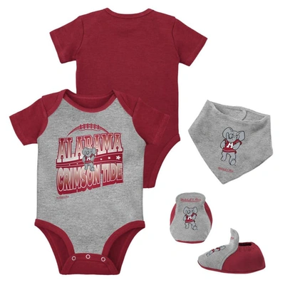 Mitchell & Ness Babies' Infant  Crimson/heather Gray Alabama Crimson Tide 3-pack Bodysuit, Bib And Bootie Set