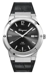 Ferragamo Salvatore  F-80 Croc Embossed Leather Strap Watch, 41mm In Black/ Silver