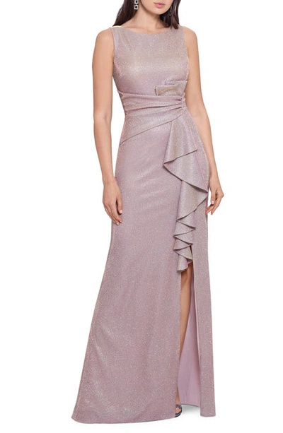 Betsy & Adam Glitter Cascading Ruffle Gown In Pink/ Gold