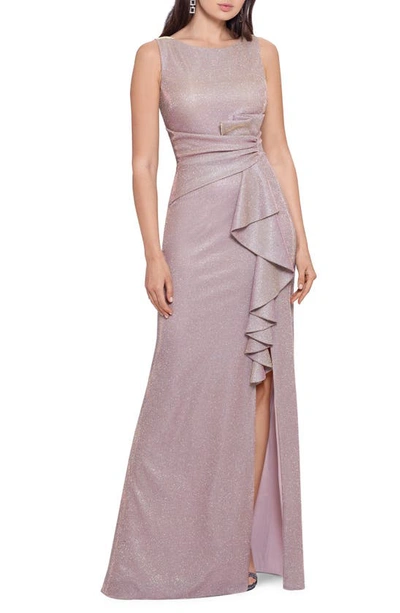 Betsy & Adam Glitter Cascading Ruffle Gown In White,pink,gold