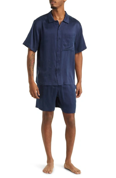 Lunya Washable Silk Button-up Short Pajamas In Deep Blue