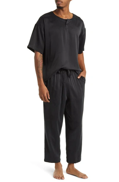 Lunya Washable Silk Henley Pajamas In Immersed Black