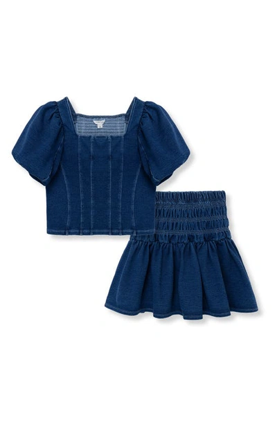 Habitual Girls' Smocked Puff Sleeve & Mini Skirt Denim Set - Big Kid In Indigo