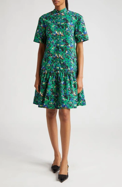 Erdem Floral Print Tiered Cotton Poplin Shirtdress In Green