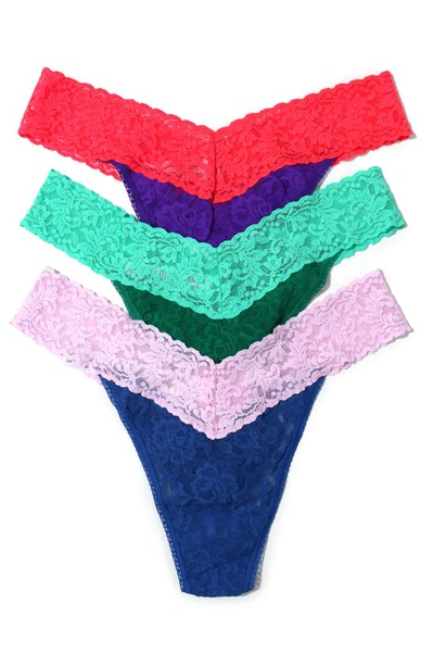 Hanky Panky Stretch Lace Thong Panties In Blue/ Green/ Purple