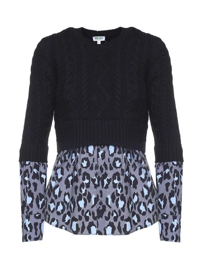 Kenzo Leo-print Cotton-poplin And Cable-knit Wool Jumper In Nero