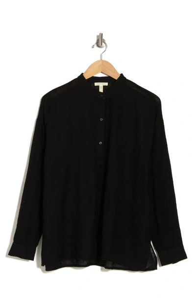 Eileen Fisher Mandarin Collar Long Sleeve Wool Shirt In Black