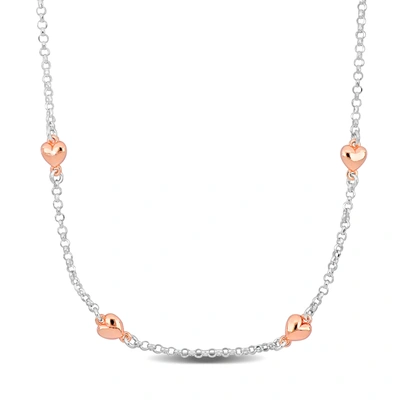 Mimi & Max Four Heart Charm Station Necklace In Two-tone Rose And White Sterling Silver-16.5+1 In In Multi