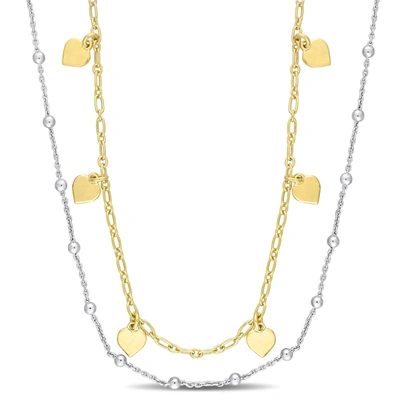 Mimi & Max Two-tone Heart And Ball Bead Chain Necklace In Yellow Plated Sterling Silver - 19.5 In In Multi