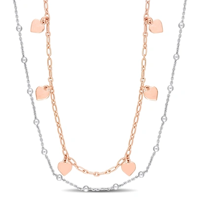 Mimi & Max Two-tone Heart And Ball Bead Chain Necklace In Rose Plated Sterling Silver - 19.5 In In Multi