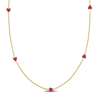 Mimi & Max Pink Enamel Heart Station Necklace In 14k Yellow Gold - 15 In In Multi