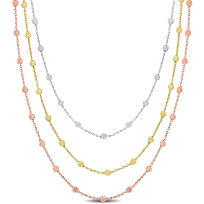 Mimi & Max 3-strand Ball Station Necklace In 3-tone Rose Yellow And White Sterling Silver - 16+2 In In Multi